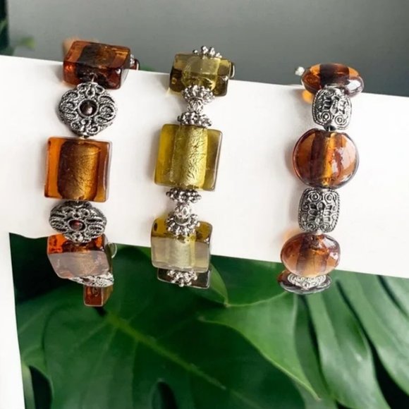 Orange & Gold Handmade Glass & Metal Bracelet Trio with Silver Accents - Picture 9 of 16